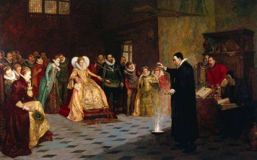 John Dee performing an experiment before Queen Elizabeth I.