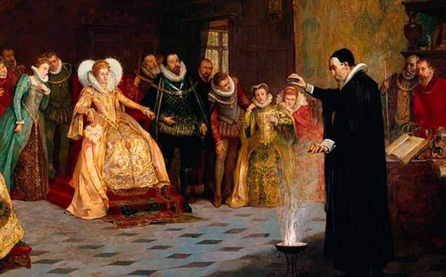 Painting by Glindoni of John Dee performing an experiment for Elizabeth I.	Source: Henry Gillard Glindoni/ CC BY 4.0