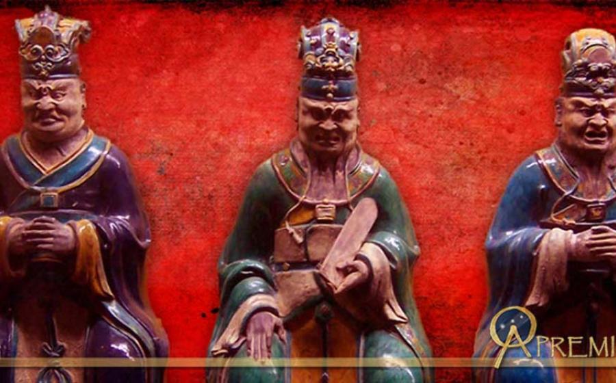 Figurines representing three of the ten judges of Diyu and Red Maw