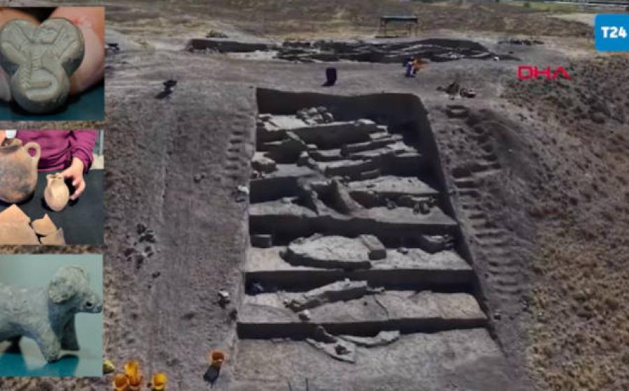 The current excavation site at Karahöyü, with inset artifacts found.