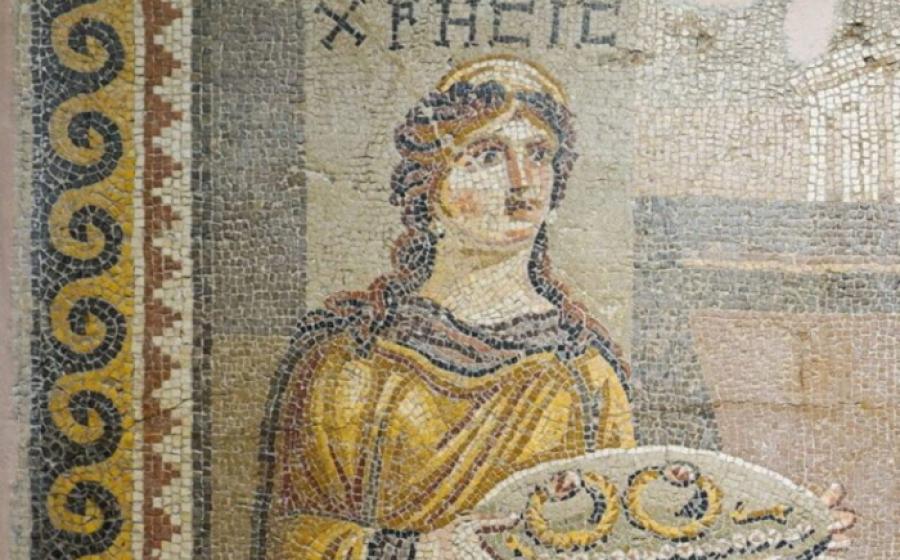 Detail of the Khresis mosaic, depicting a woman carrying a tray of jewelry from the Trojan War cycle.  