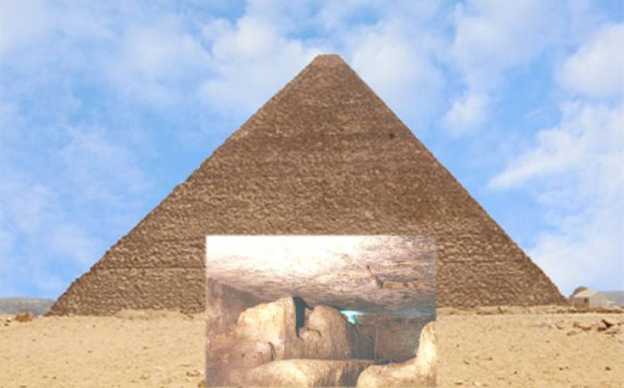 The Subterranean Chamber superimposed on the Khufu Pyramid at Giza.