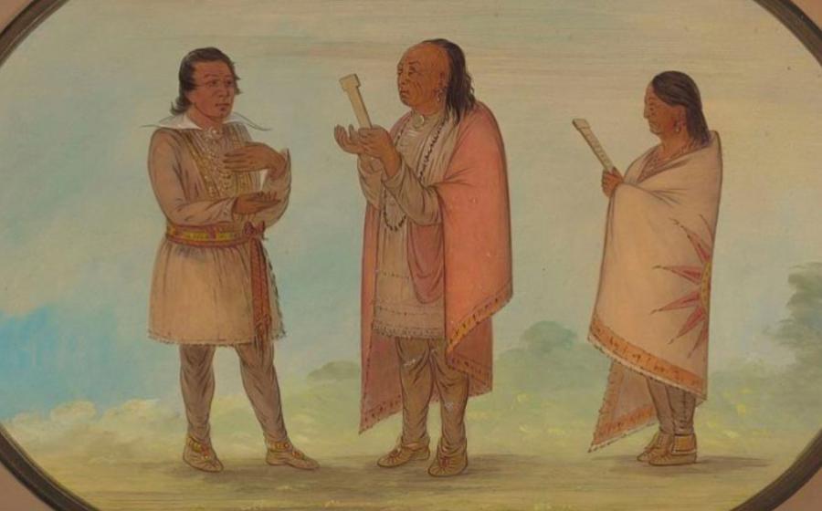 George Catlin’s 1860s painting of men of the Kickapoo Nation preaching and praying. 