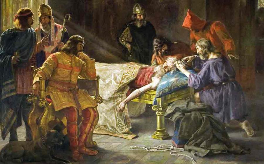 The tonsure of King Wamba, by Joan Brull Vinyoles circa 1894. Source: Public domain