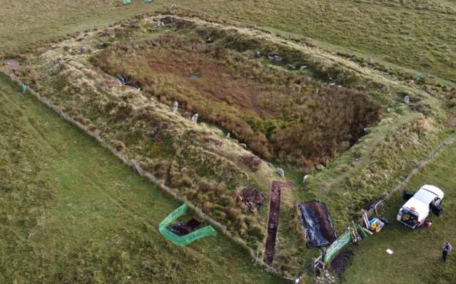 Aerial of the site known as King Arthur’s Hall, on Bodmin Moor, Cornwall, England.