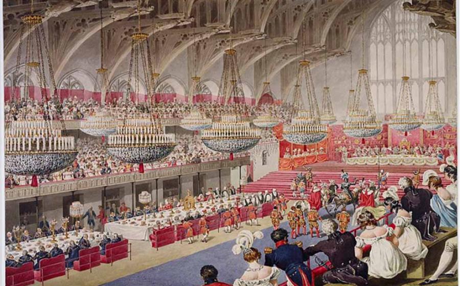 The Third and Last Challenge by the King’s Champion during King George IV's Coronation Banquet in Westminster Hall, by Denis Dighton.            Source: Public Domain