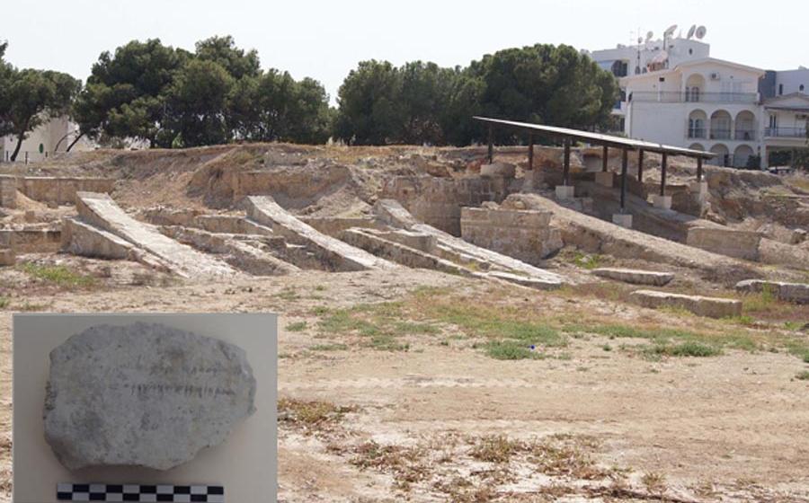 A limestone plaque with Phoenician writing was uncovered in archaeological digs at Kition, Cyprus, Greece this past year that took place, in part, under a former tennis court. 	Source: Department of Antiquities, Republic of Cyprus