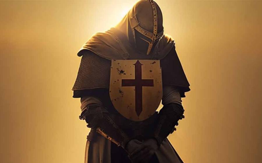 A wounded Knights Templar is on his knees praying to God. Source: Stephen Pierce/Adobe Stock