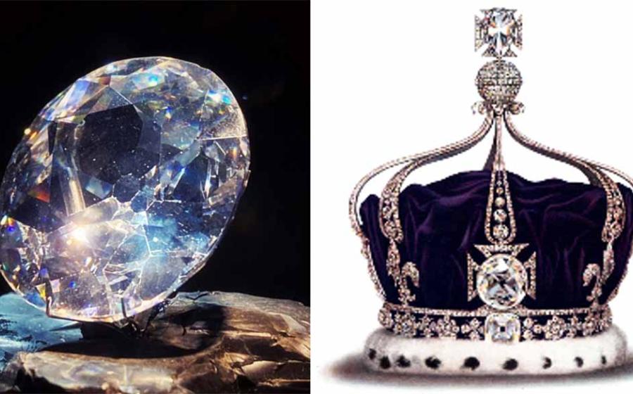 A Kohinoor Diamond replica, and as inset in Queen Mary’s crown, 1919.        Source: Left; aiva / CC BY 2.0, Right; Public Domain