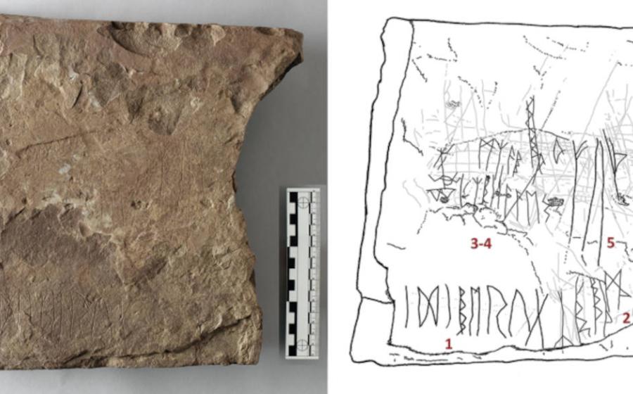 Left: Sandstone fragment with runic inscription. Right: Illustration highlighting the runes.