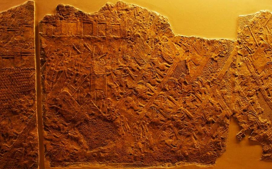 One of the panels from the Lachish Reliefs depicting the Assyrian assault on Lachish. 