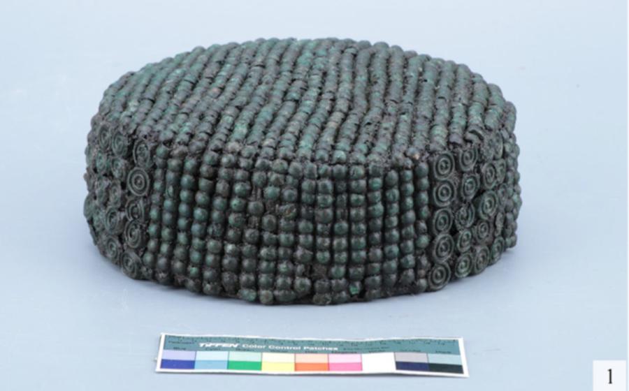 A rare 2,500-year-old woman’s leather cap decorated with small bronze plaques, discovered in a Scythian-era burial in Ukraine.