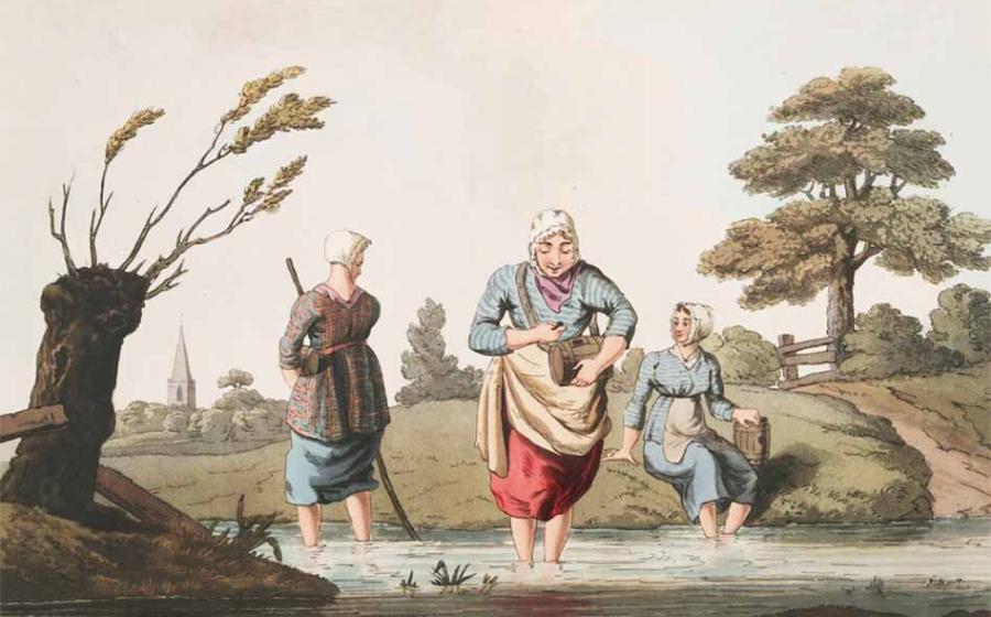 Leech Finders, from the print collection Costume of Yorkshire (1814), by artist George Walker and engravers Robert and Daniel Havell.             Source: New York Public Library.