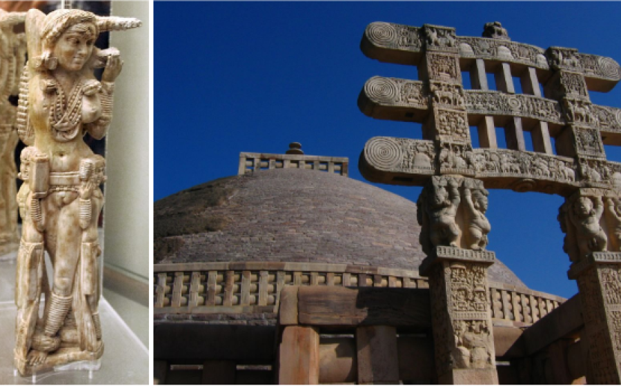 Left; An ivory statuette of Lakshmi (1st century AD), discovered in the ruins of Pompeii.  Right; Great Stupa at Sanchii.