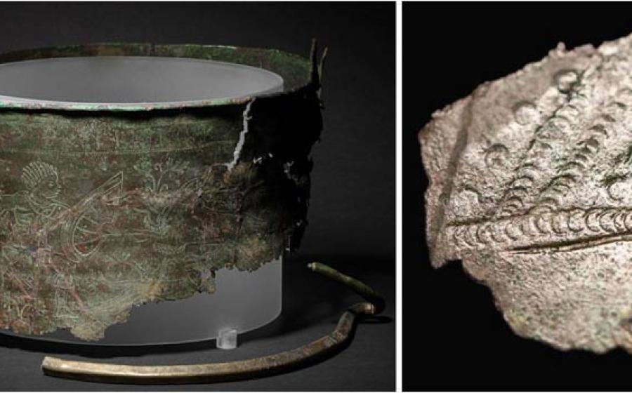 : Left, the reconstructed Bromeswell Bucket, and right, a newly found fragment. 	Source: © National Trust