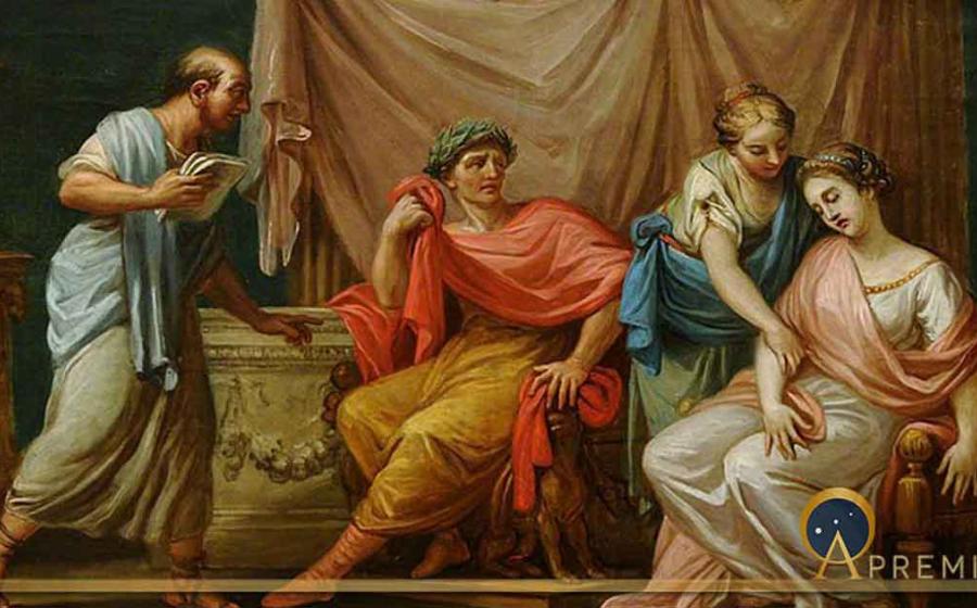 Virgil reading the Aeneid to Emperor Augustus, his wife Livia and fainting sister Octavia by Antonio Zucchi (1767) (Public Domain)