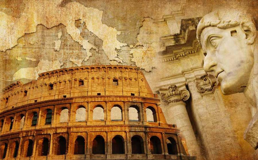 Montage of Roman Empire imagery including statue representative of Livy.	Source: Freesurf/Adobe Stock