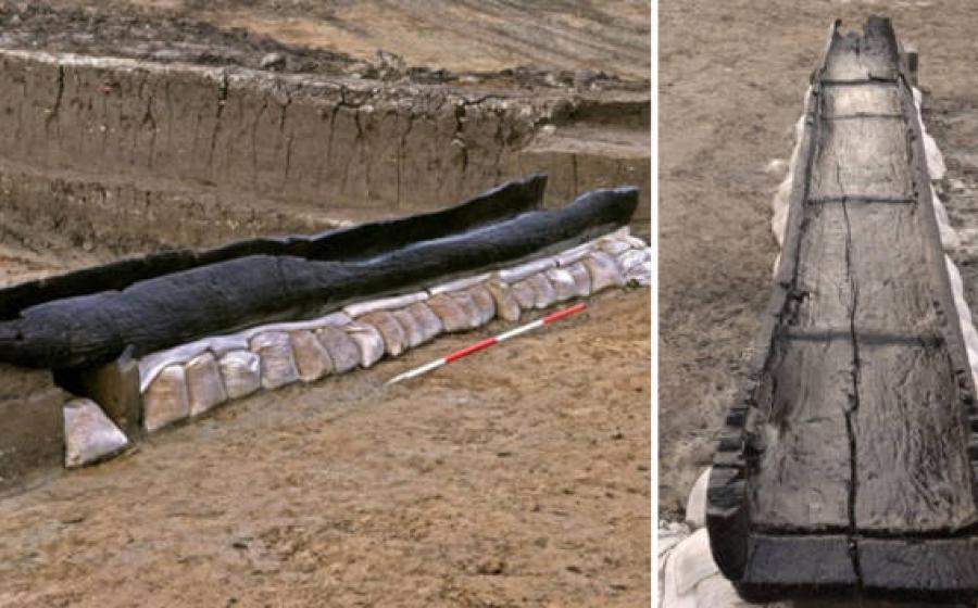 Bronze Age log boat outside in Cambridgeshire, England.