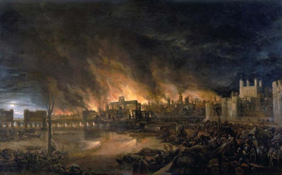 The Great Fire of London on the evening of Tuesday, 4 September 1666. To the left is London Bridge; to the right, the Tower of London. St. Paul's Cathedral is in the distance, surrounded by the tallest flames. Source: BevinKacon / Public Domain.