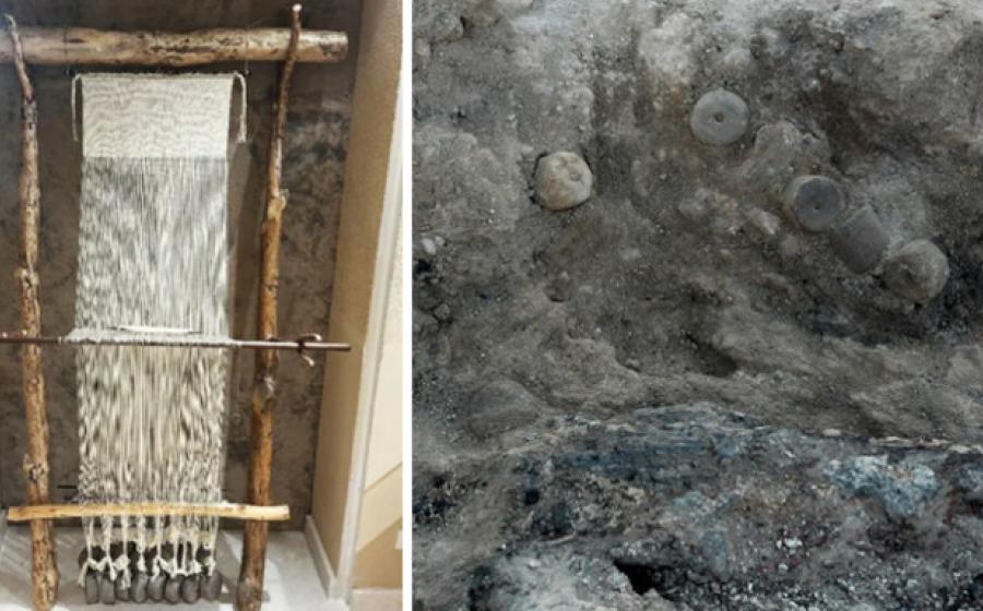 Left; Reconstruction of a Bronze Age warp-weighted loom, on display at the Alcoy Archaeological Museum. Right; the Bronze Age loom remains in situ at the find site