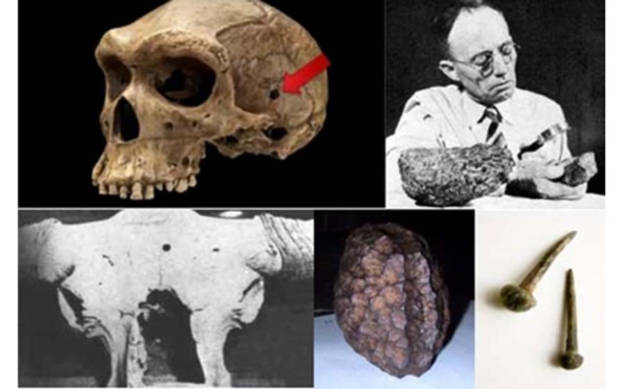 Clockwise: Rhodesia Man (YouTube Screenshot), H. H. Nininger (Fair Use), Auroch skull (Technology of the Gods: The Incredible Sciences of the Ancients), Salzburg Cube (Public Domain),Roman Nails (CC BY-SA 2.0)