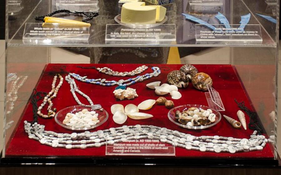 Display of various items that were used as forms of money by past civilizations, from the RBI Museum in Kolkata, India. 