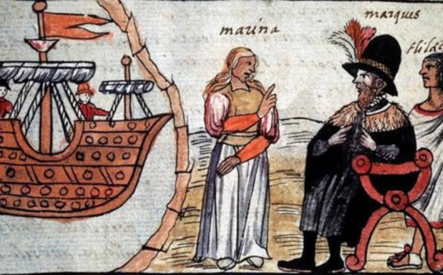 Hernán Cortés and La Malinche depicted in the Durán Codex from 1576
