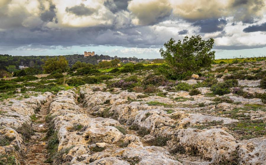 Maltese cart ruts near Buskett, Malta, with Verdala Palace visible in the distance.  
