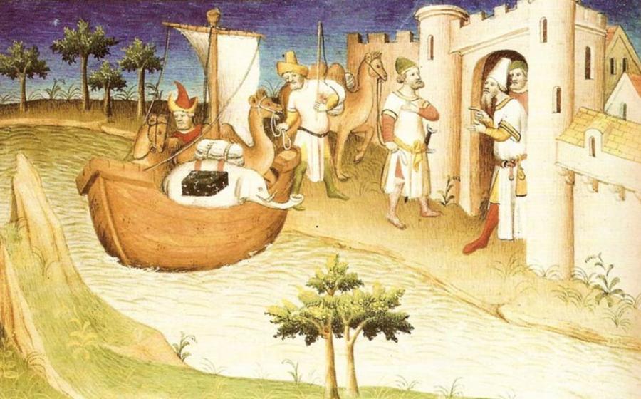 Marco Polo travelling, Miniature from the Book "The Travels of Marco Polo"