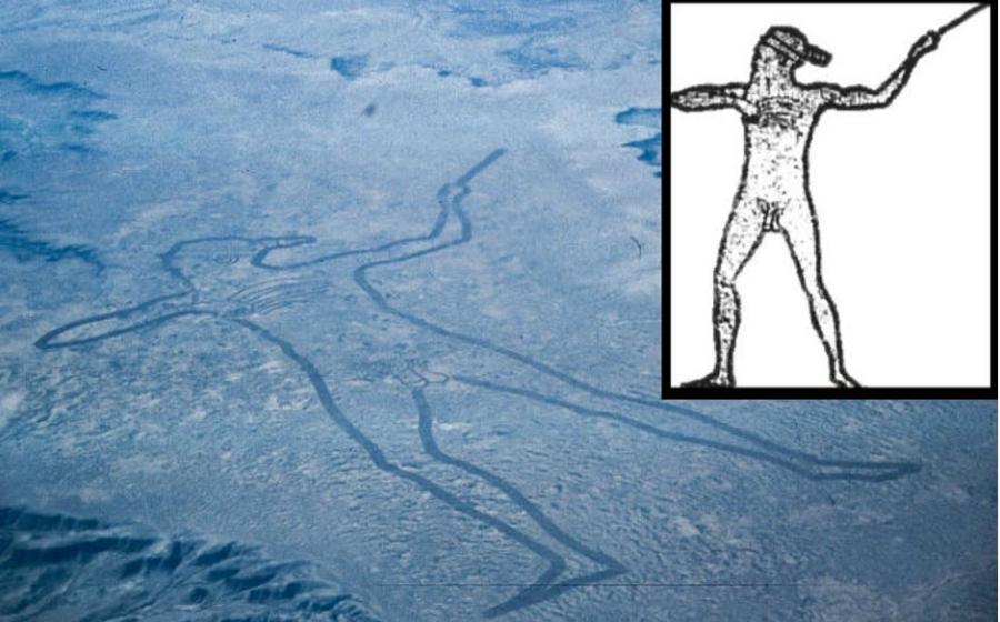 An aerial view of Marree Man and an outline illustrated by Lisa Thurston. 