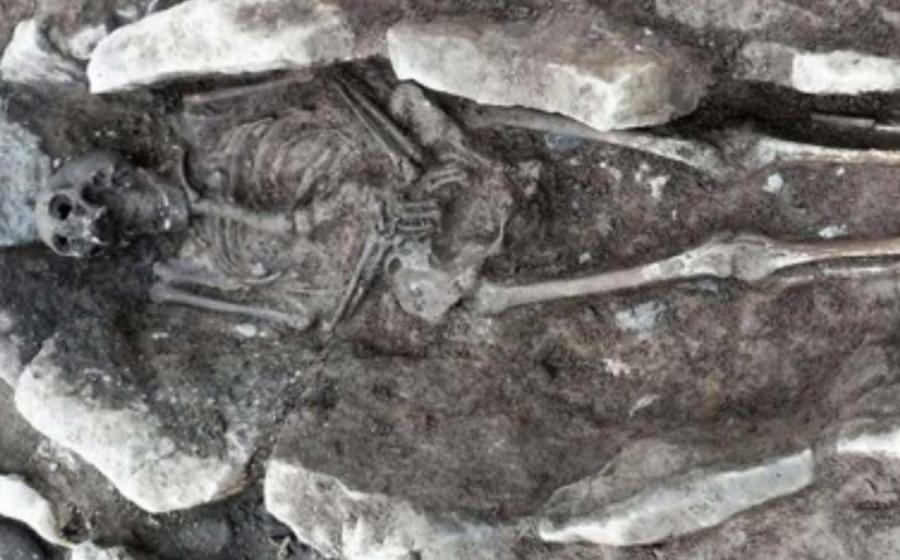 One of the skeletons found beneath Coleg Menai in Llangefni, Wales. Credit: Archaeology Wales. 