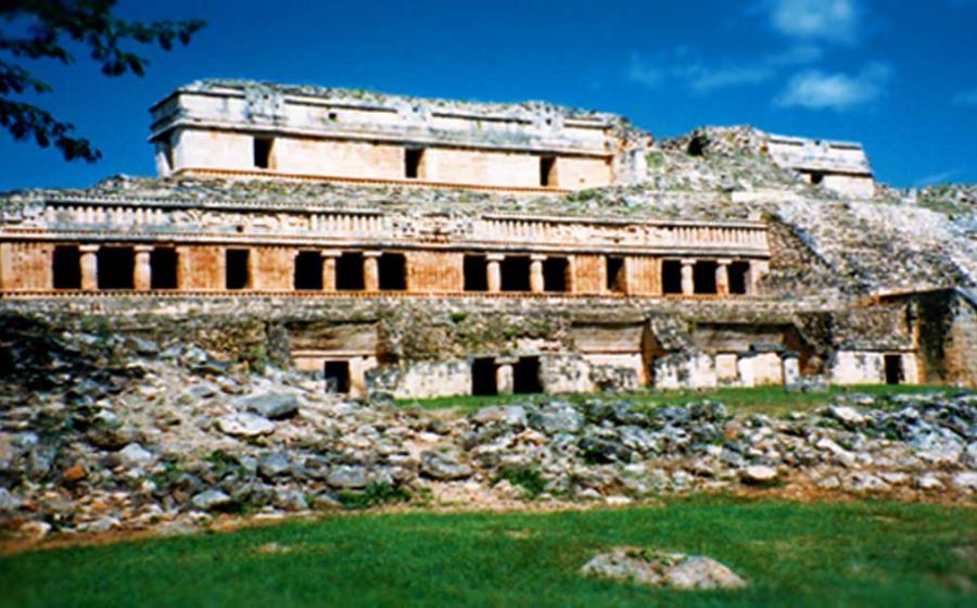 The Palace at Sayil, a Maya city on the Gulf of Mexico side of the Yucatan Peninsula. Heavily damaged by ancient floods, complete reconstruction is impossible because of scattered stoneworks. 
