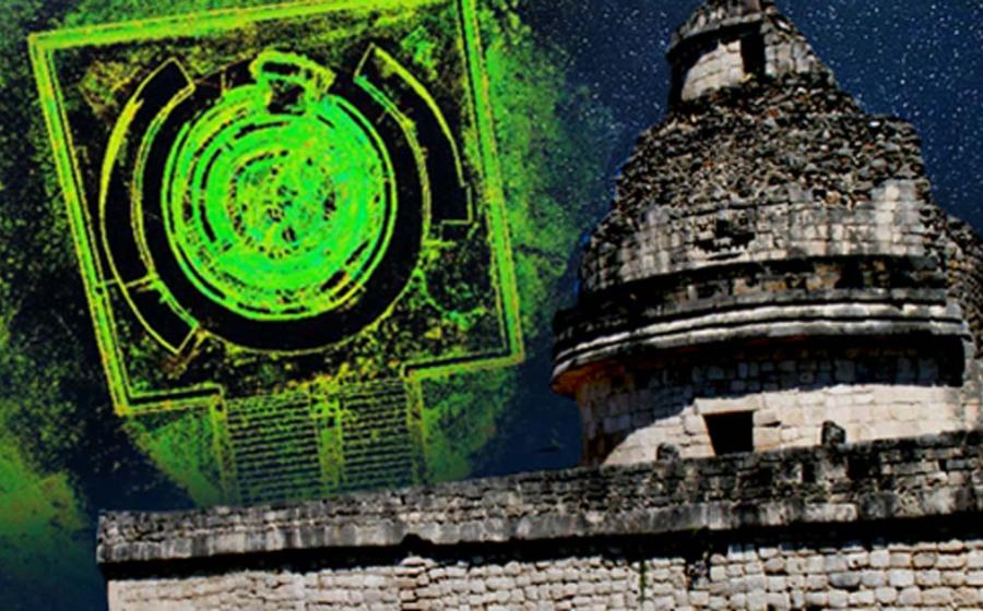 El Caracol Observatory at Chichen Itza (Wright Reading/CC BY-NC 2.0) and Composite 3D laser scan image of El Caracol from above