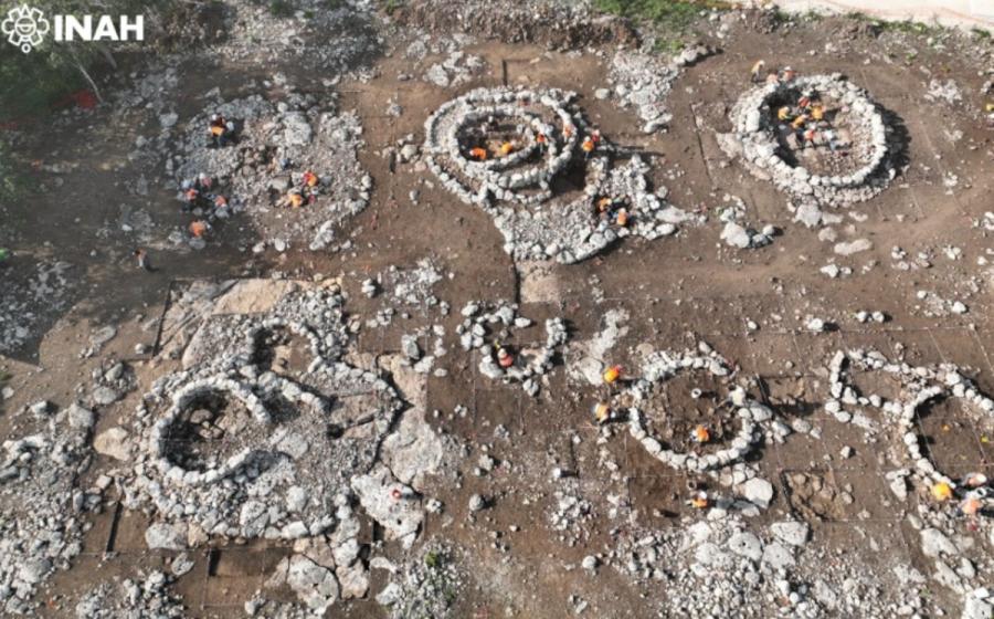 Aerial view of excavated Maya structures at K’oxol Ja’ II