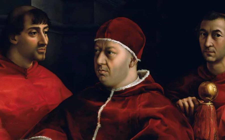Pope Leo X and his cousins, by Raphael. Pope Leo X was a prominent member of the Medici Dynasty and Pope of the Catholic Church. 	Source: Public domain
