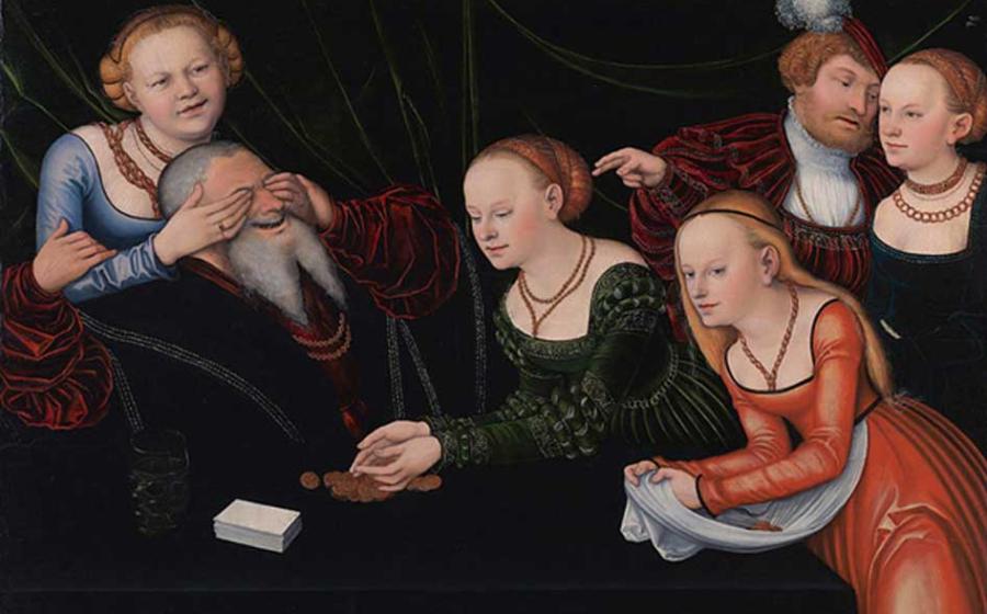 Old man beguiled by courtesans.