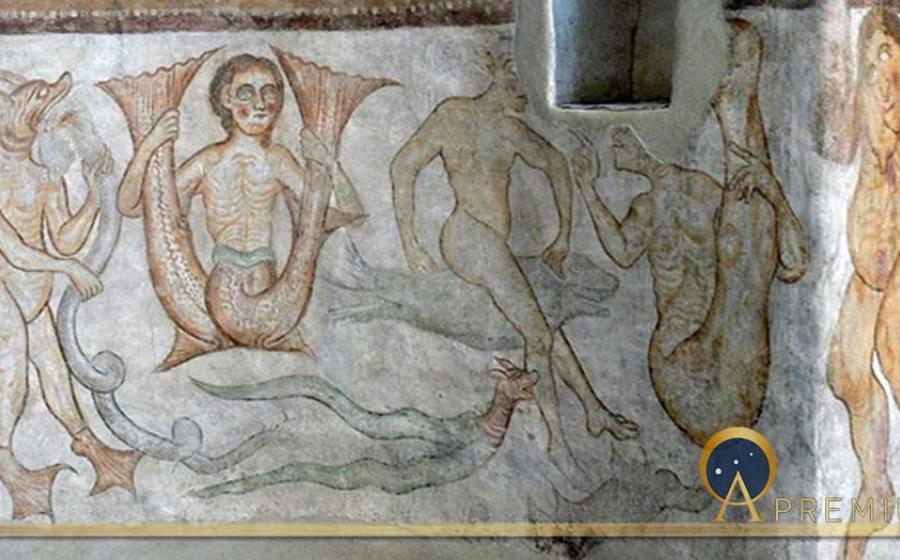 Tramin (South Tyrol. )Saint James church in Kastelaz: Romanesque frescos (1210s ) showing fantastic creatures. (Public Domain)