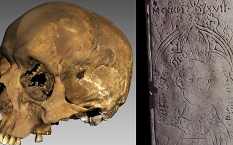 The recently unearthed medieval priest’s skull and coffin lid. 