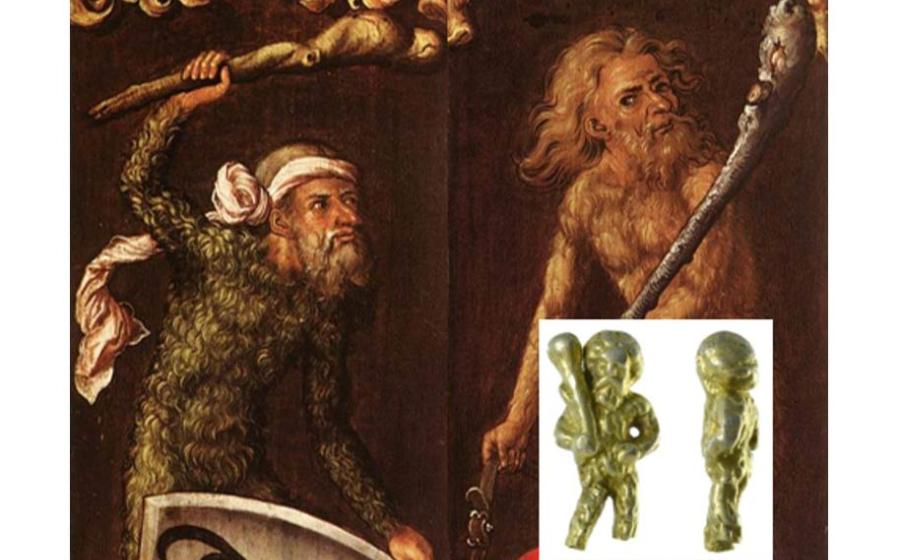 Main: A painting titled “Sylvan Men” by Albrecht Durer, 1499; “sylvan” means of the forest. (Wikimedia Commons). Inset: The Wild Man has a long history in humanity’s legends and myths. This photo shows the spoon handle found near Ipswich. (Photo by Suffolk County Council Archaeological Service)