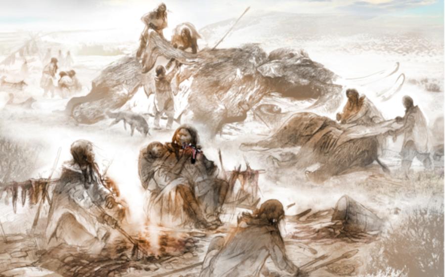 : Artist's reconstruction of Clovis life 13,000 years ago showing megafauna butchery and tool crafting.