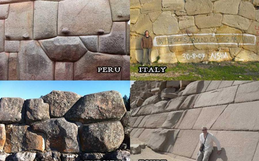 Top left: Cuzco, Peru. Top right: Western Italy. Bottom left: Alaca Hoyuk, Turkey. Bottom right: Casing stones on pyramid on Giza plateau.