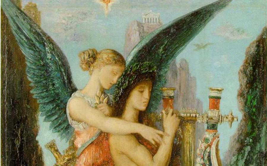 Melpomene in a painting ‘Hesiod and the Muse’ (1891) by Gustave Moreau. 
