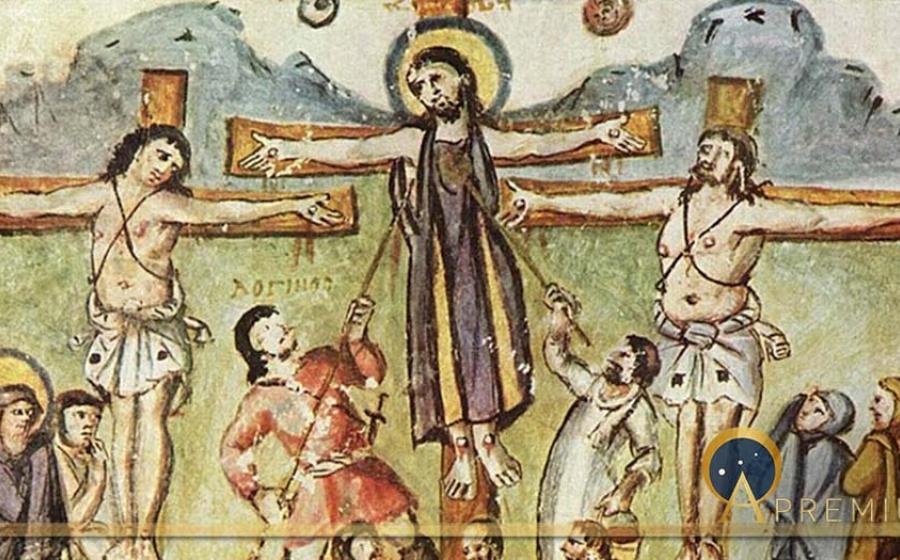 Crucifixion miniature, Rabula Gospels, with the legend "Loginos". Meister des Rabula-Evangeliums - The Yorck Project (2002) (Public Domain)