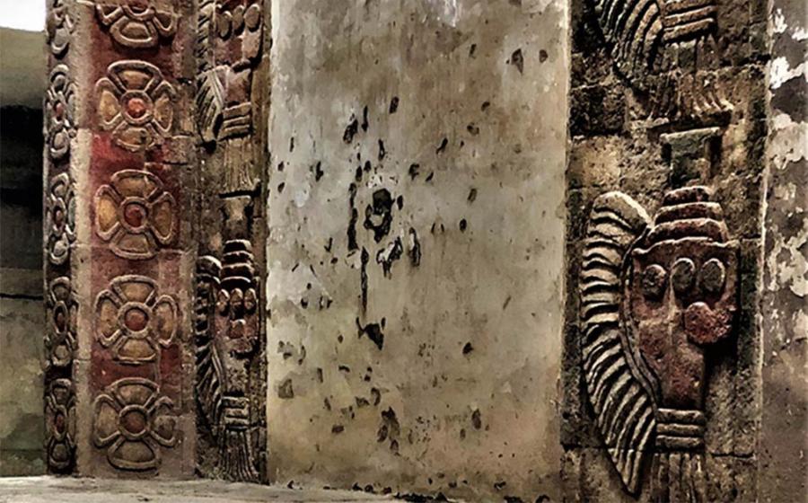 The never seen before Mesoamerican mural minerals of cinnabar and hematite found in this early Teotihuacan mural. The distinctive reds on the left side of this image are especially noteworthy.            Source: Denisse Argote Espino / INAH