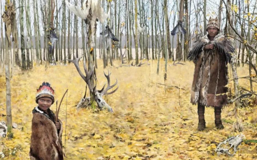 Artist’s impression of the Skateholm burial island. In the foreground is a boy whose grave contained a deer hair and possibly a fragment of a woodpecker feather. 