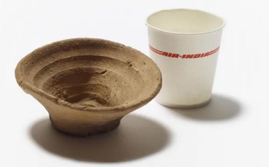 The Minoan cup, shown here next to a modern throwaway container that washed up in the Pacific.    Source: Trustees of the British Museum