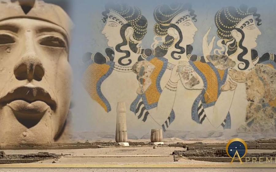 Fusion of elements: 1) the central city of Amarna, looking east (photo by author), a statue of Akhenaten, with the famous Minoan fresco from the Knossos Palace, “Ladies in Blue”, circa 1500 BC. (Public Domain)