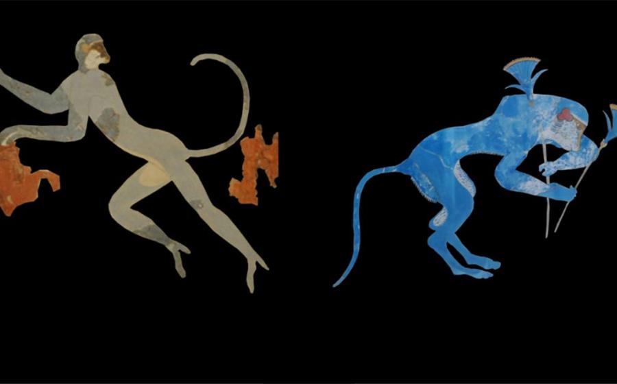 Left, vervet monkey depicted in Minoan art at Akrotiri, Thera; Right, Baboon shown in a fresco at Knossos      Source: Antiquity Publications Ltd