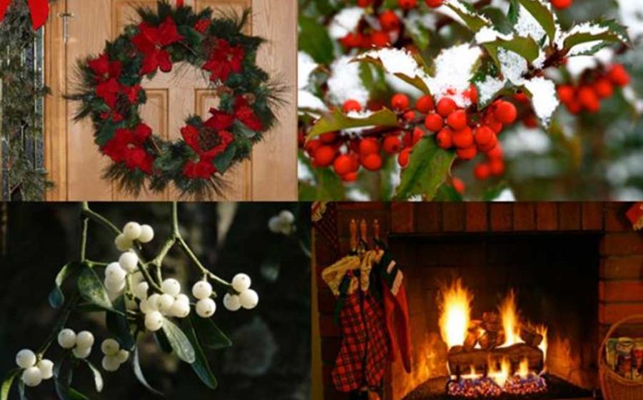 Ancient Christmas customs still held today. A door decorated with a Christmas wreath. (CC0) Snowy holly. (liz west/CC BY 2.0) Mistletoe. (CC0) A Yuletide fireplace. (Randy Robertson/CC BY 2.0)