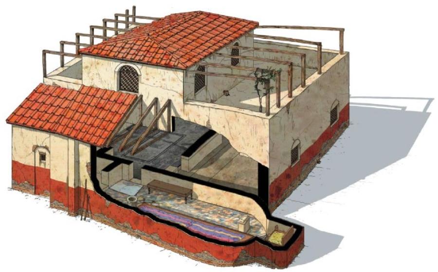 Reconstruction of the “Mithraeum of Colored Marbles.” The ‘spelaeum’, the most important room in the Mithraeum, is shown on the bottom level.            Source: G Albertini / Live Science
